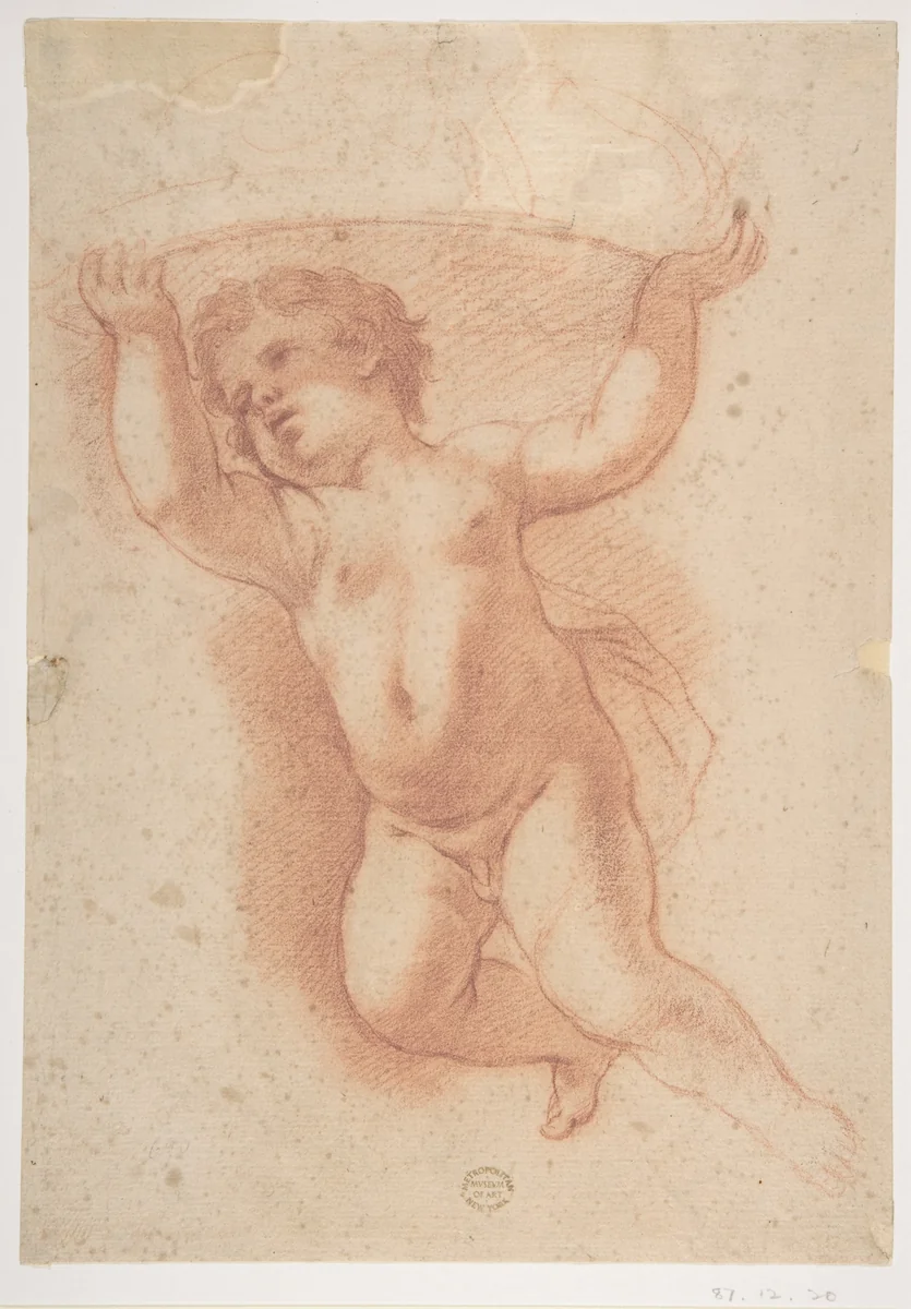 Flying Putto Supporting a Crown by Anton Domenico Gabbiani, drawing, 1652-1726