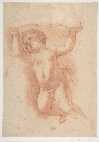 Flying Putto Supporting a Crown by Anton Domenico Gabbiani, drawing, 1652-1726