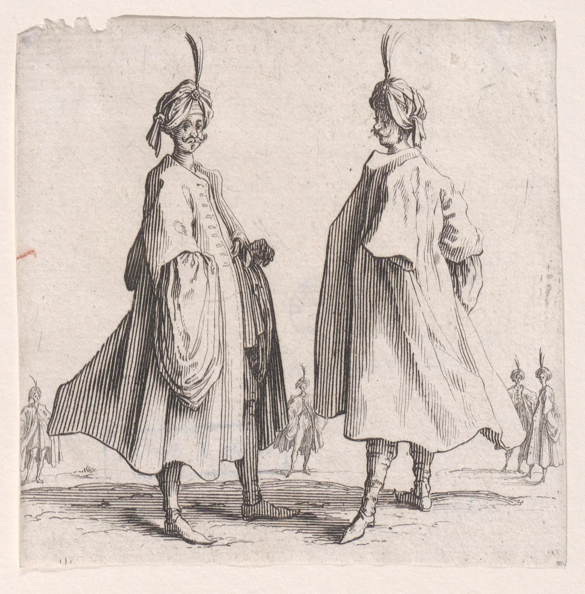 Les Deux Turcs Coiffés d'un Turban Avec un Aigrette (Two Turks Wearing Turbans with an Egret Feather), from "Varie Figure" (Various Figures) by Jacques Callot, print, 1615-1625