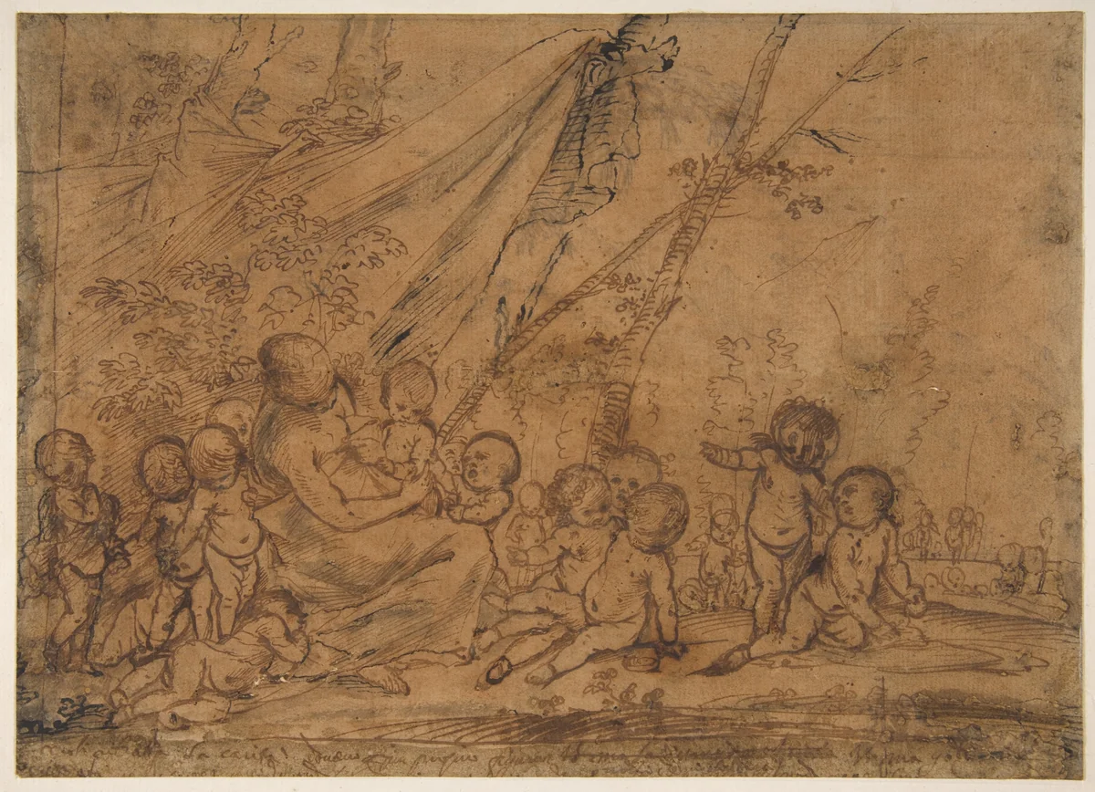 A Seated Female Figure Surrounded by Nude Infants by Pietro Testa, drawing, 1612-1650