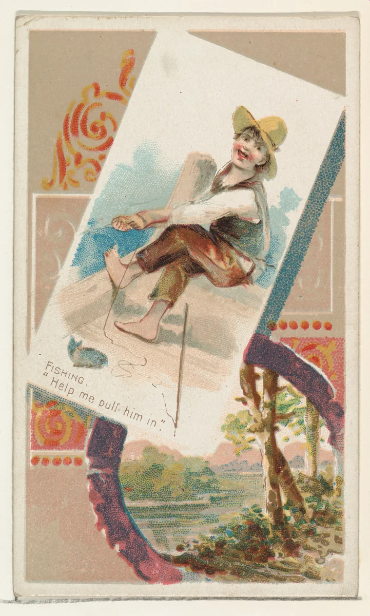 Fishing, "Help me pull him in," from the Terrors of America set (N136) issued by Duke Sons & Co. to promote Honest Long Cut Tobacco by W. Duke, Sons & Co., print, 1888-1889