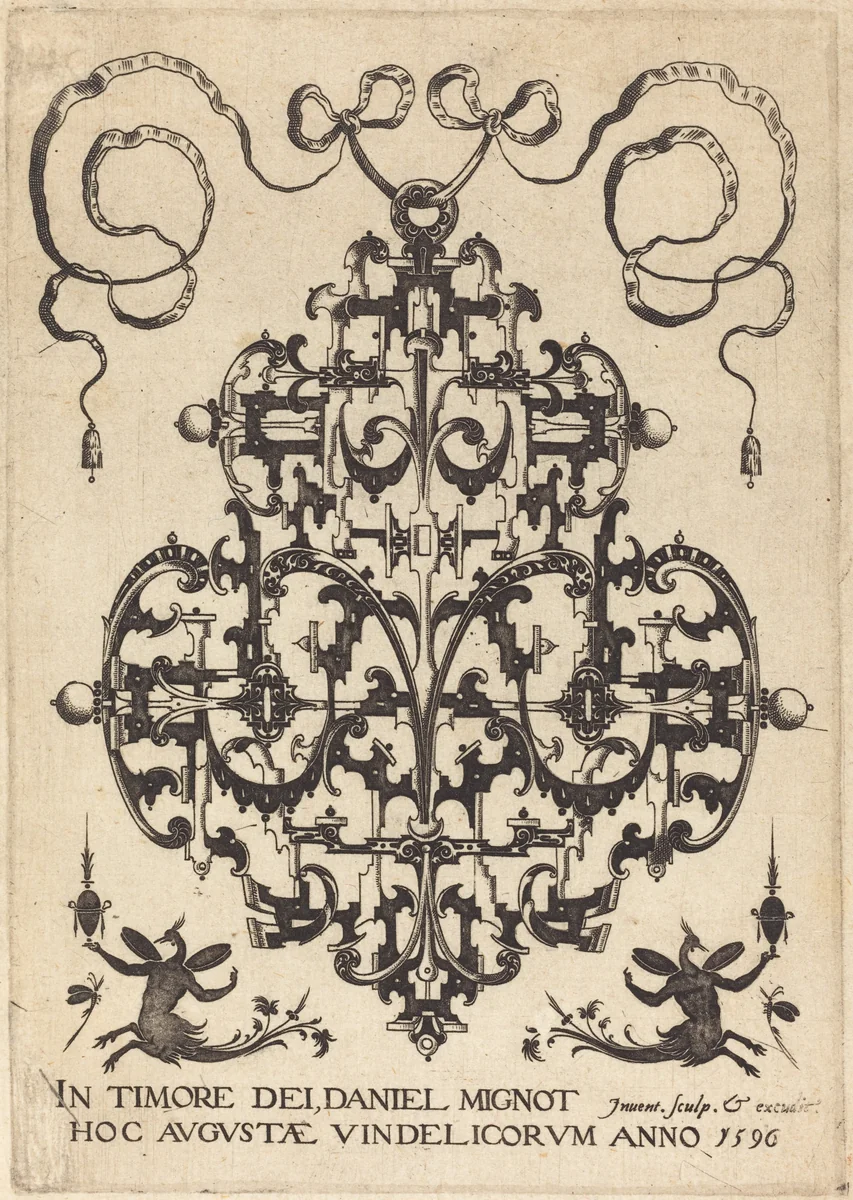 Title Page: Large Pendant, Two Winged Imaginary Figures at Bottom by Daniel Mignot, print, 1596