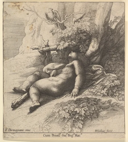Infant Hercules asleep by Wenceslaus Hollar, print, 1625-1677
