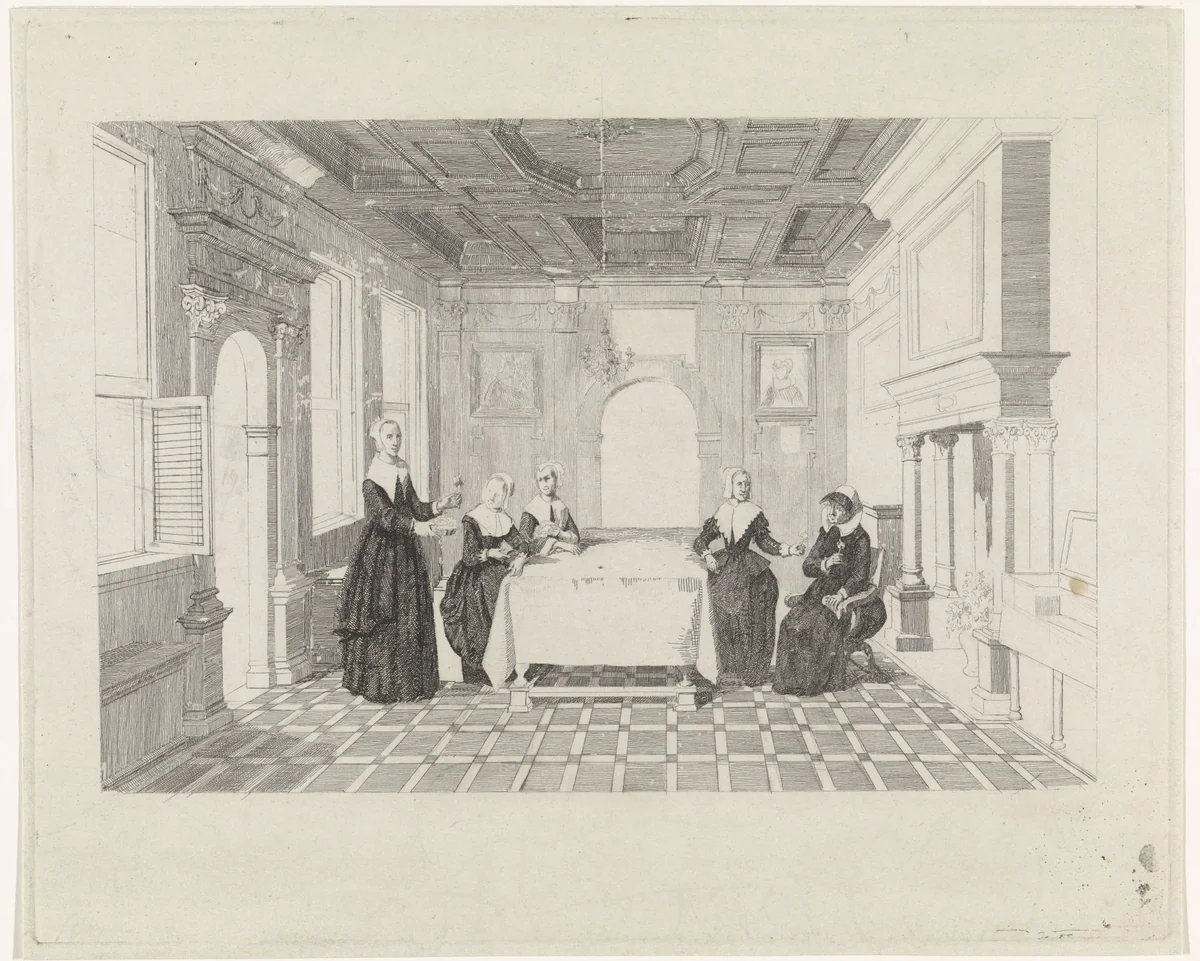 Vrouwen met bloemen in een vertrek by David van der Kellen, print, 1837-1883