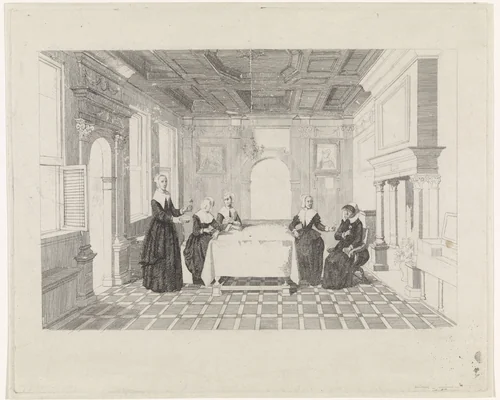 Vrouwen met bloemen in een vertrek by David van der Kellen, print, 1837-1883