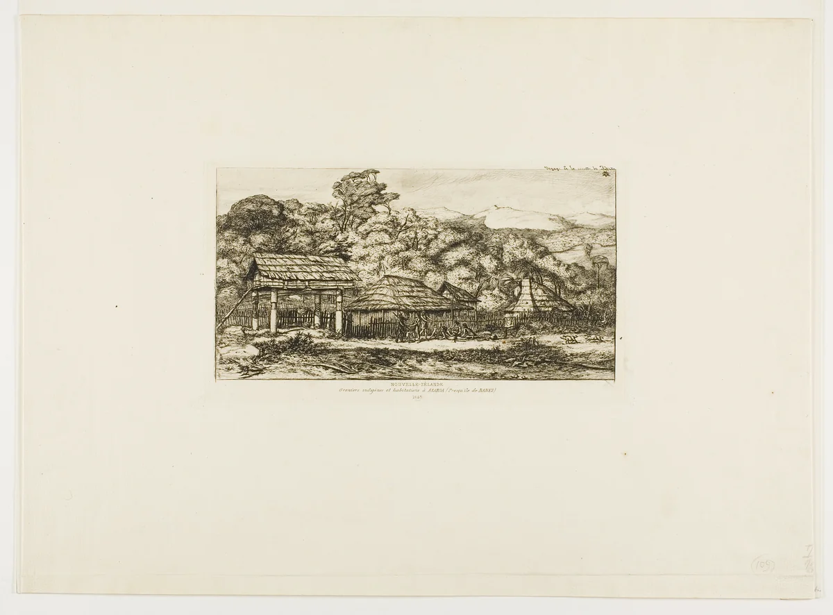 Native Barns and Huts at Akaroa, Banks' Peninsula, 1845 by Charles Meryon, print, 1865