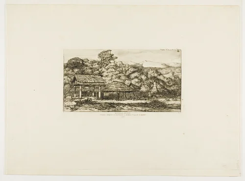 Native Barns and Huts at Akaroa, Banks' Peninsula, 1845 by Charles Meryon, print, 1865