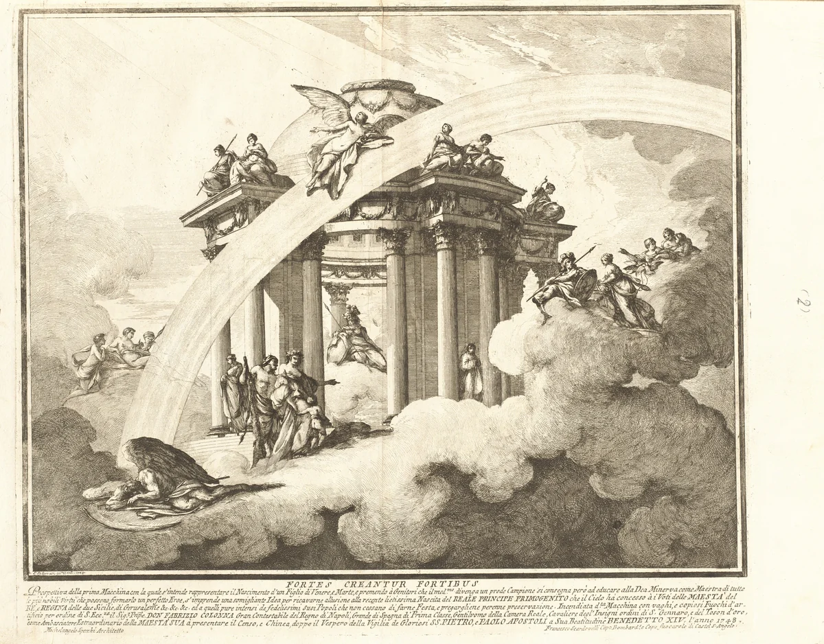 The Prima Macchina for the Chinea of 1748: The Son of Venus and Mars Presented to the Temple of Minerva by Louis-Joseph Le Lorrain; Michelangelo Specchi; Various Artists, print, 1748