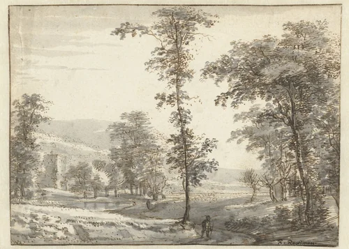 Wooded Landscape with a Traveller on a Path by Roelant Roghman, drawing, 1657-1670