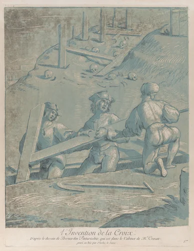 The invention of the cross; three men lifting a cross from a trench; from 'Recueil d'estampes d'après les plus beaux tableaux et d'après les plus beaux desseins qui sont en France, Cabinet Crozat' after a drawing by Pinturicchio by Nicolas Le Sueur, print, 1724-1769