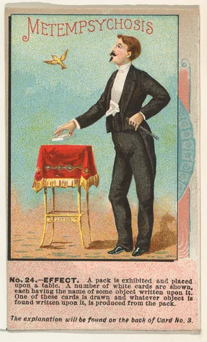 Number 24, Metempsychosis, from the Tricks with Cards series (N138) issued by W. Duke, Sons & Co. to promote Honest Long Cut Tobacco by W. Duke, Sons & Co., print, 1887