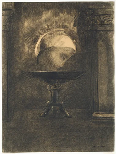 Head Wearing a Phrygian Cap, on a Salver by Odilon Redon, drawing, 1881