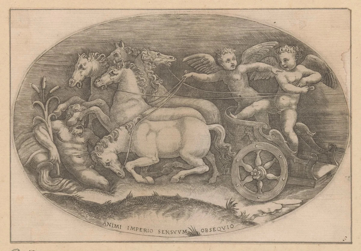 Twee putti in een strijdwagen by Unknown, print, 1540-1585