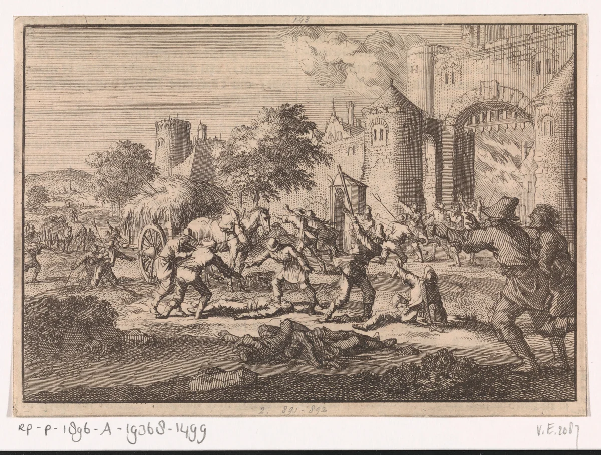 Oproer te Brussel, waar boeren na mishandeling door Spaanse soldaten de wacht aan de Schaerbeekse poort verjagen en het wachthuis in brand steken, 1670 by Jan Luyken, print, 1698