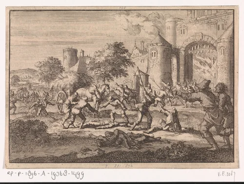 Oproer te Brussel, waar boeren na mishandeling door Spaanse soldaten de wacht aan de Schaerbeekse poort verjagen en het wachthuis in brand steken, 1670 by Jan Luyken, print, 1698