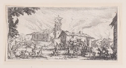 Pillage et Incendie d'un Village (Looting and Burning of a Village), plate 4 from "Les Petites Misères de la Guerre" (The Little Miseries of War) by Jacques Callot, print, 1636