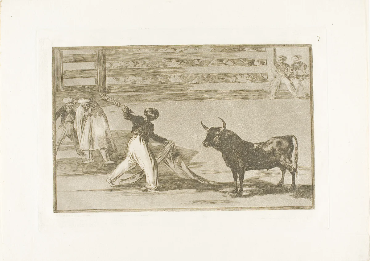 Origin of the harpoons or banderillas, plate seven from The Art of Bullfighting by Francisco José de Goya, print, 1814-1816