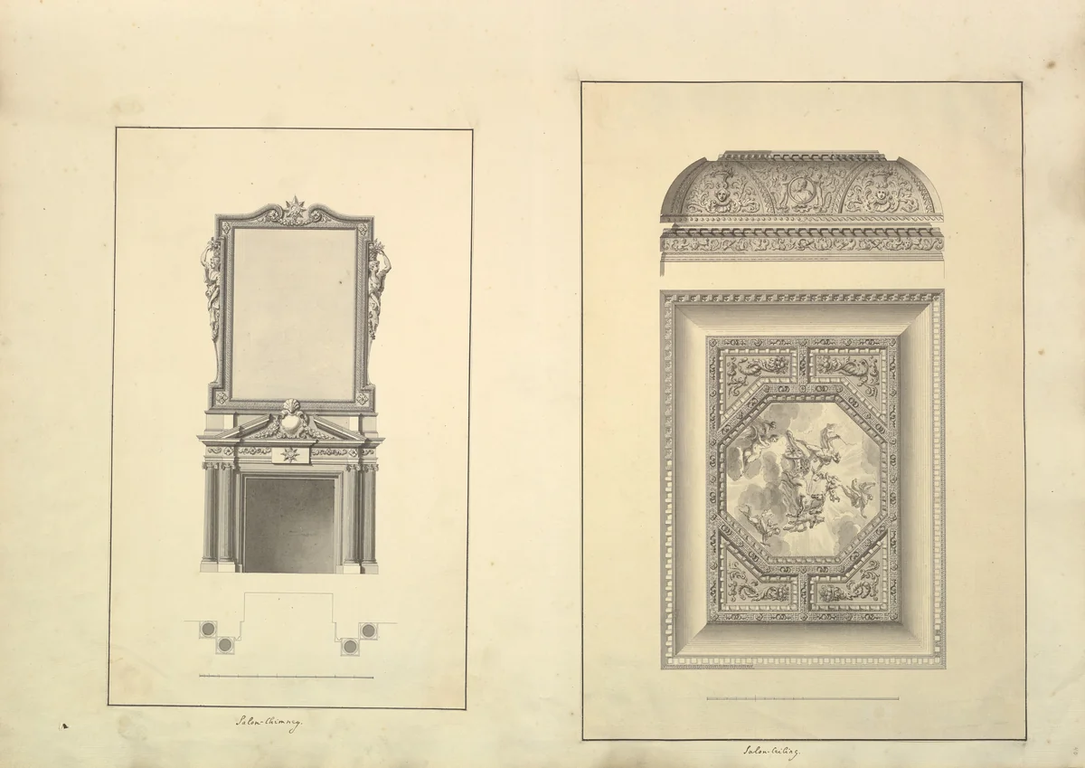 Leaf from Aedes Walpolianae mounted with two drawings: (a): Salon Chimney, Houghton Hall, Norfolk, Elevation; (b): Salon Ceiling, Houghton Hall, Norfolk by Isaac Ware, drawing, 1735
