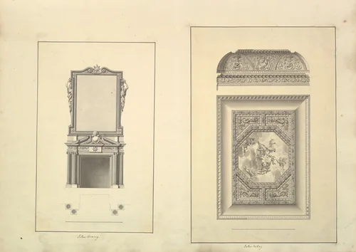 Leaf from Aedes Walpolianae mounted with two drawings: (a): Salon Chimney, Houghton Hall, Norfolk, Elevation; (b): Salon Ceiling, Houghton Hall, Norfolk by Isaac Ware, drawing, 1735
