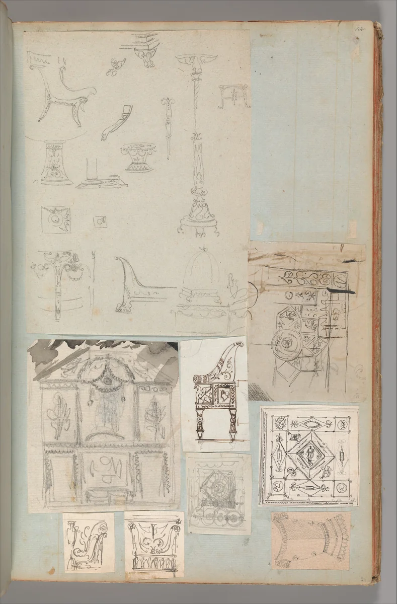 Page from a Scrapbook containing Drawings and Several Prints of Architecture, Interiors, Furniture and Other Objects by Charles Percier, book, 1795-1805