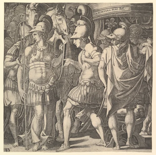 Alexander welcoming Thalestris and the Amazons by Master FG, print, 1525-1575