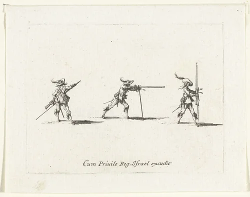 Exercities met een musket: voorbereidingen voor het afvuren van een musket by Jacques Callot, print, 1635