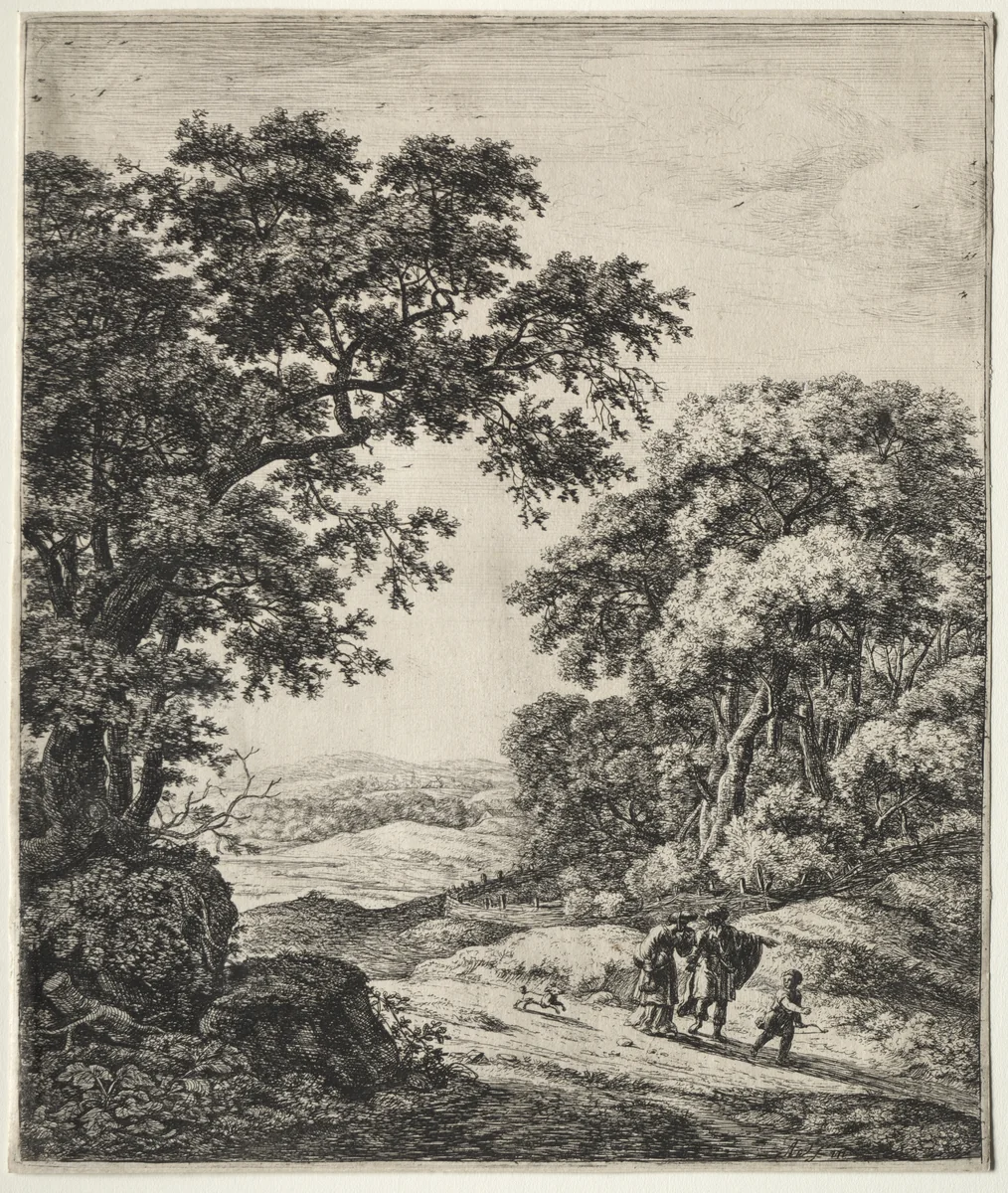 Six large upright landscapes with scenes from the Old Testament: Abraham Dismissing Hagar and Ishmael by Anthonie Waterloo, print, 1640-1690