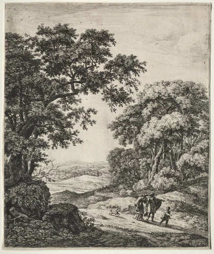 Six large upright landscapes with scenes from the Old Testament: Abraham Dismissing Hagar and Ishmael by Anthonie Waterloo, print, 1640-1690