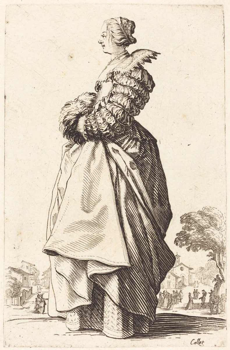 Noble Woman in Profile with her Hands in a Muff by Jacques Callot, print, 1620-1623