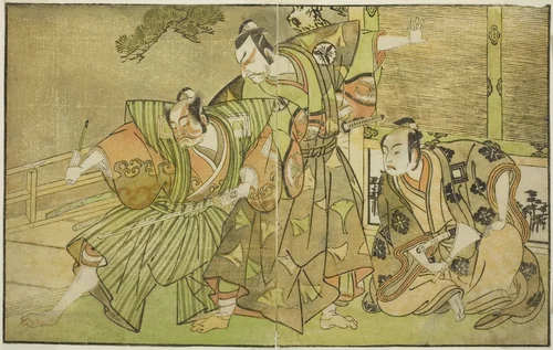 The Actors Ichikawa Komazo II as Minamoto no Yorimasa (right), Matsumoto Koshiro II as Osada no Taro Kagemune Disguised as Yatsurugi Zaemon (center), and Ichikawa Danzo III as I no Hayata Tadazumi (left), In the Play Nue no Mori Ichiyo no Mato, Performed at the Nakamura Theater in the Eleventh Month, 1770 by Katsukawa Shunsho (勝川 春章), print, 1767-1777