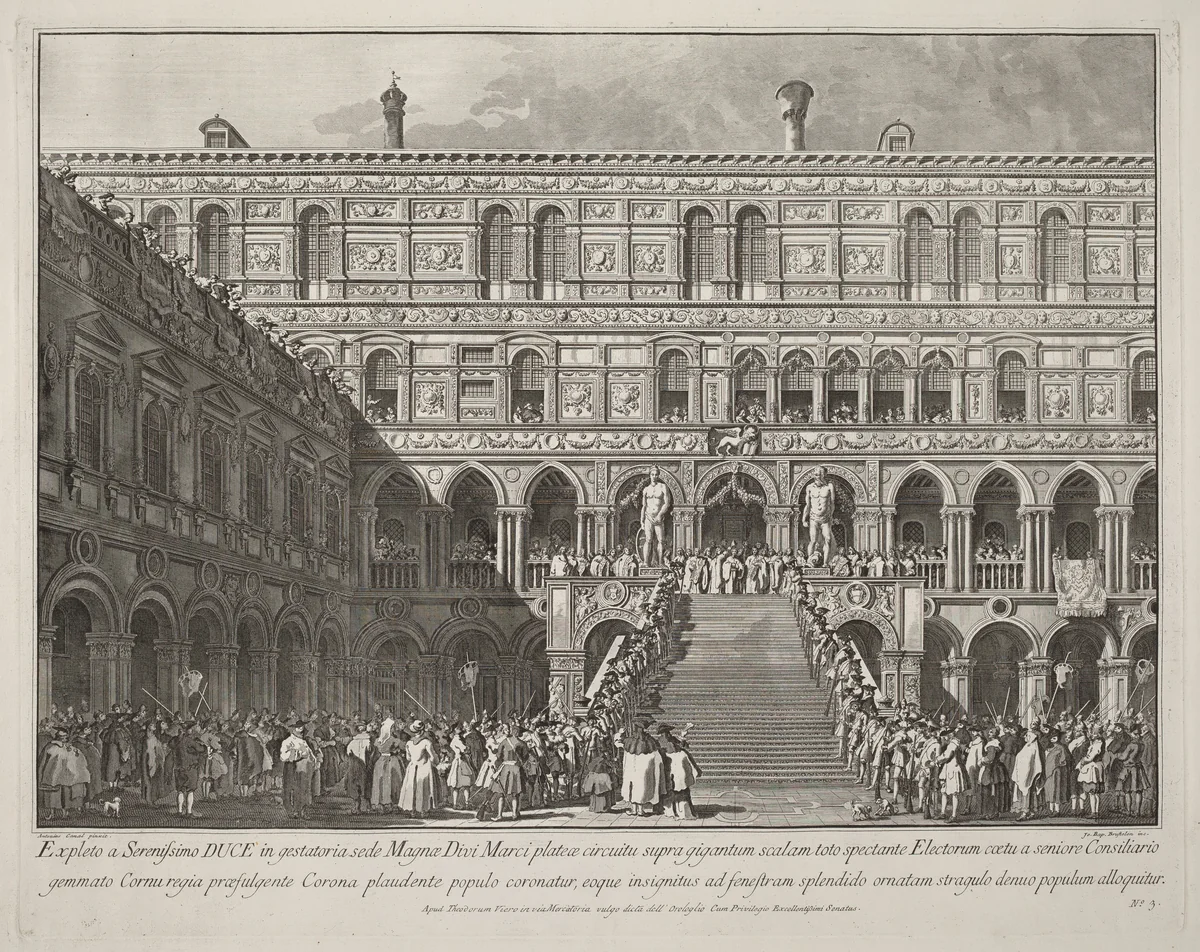 The Doge Crowned on the Scala dei Giganti of the Ducal Palace by Giovanni Battista Brustolon, print, 1763-1766