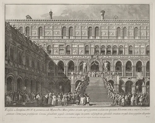The Doge Crowned on the Scala dei Giganti of the Ducal Palace by Giovanni Battista Brustolon, print, 1763-1766