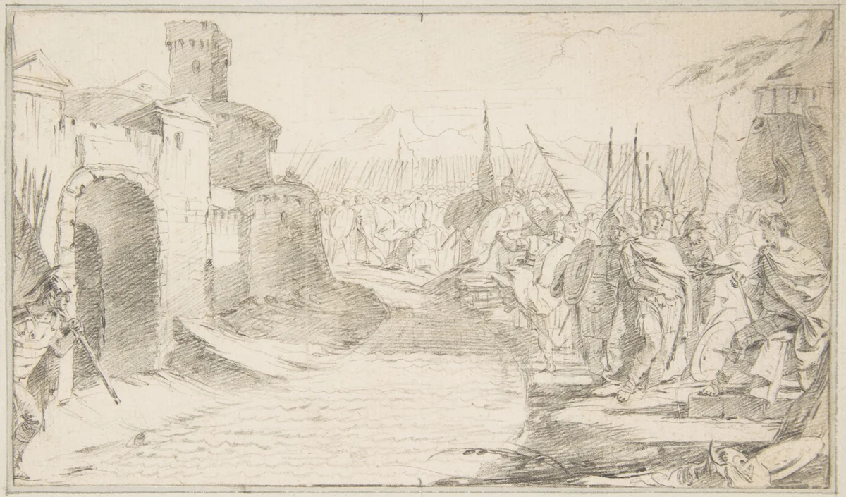 Illustration for a Book: Meeting Between Two Generals (?) before a Fortified Town by Giovanni Battista Tiepolo, drawing, 1696-1770