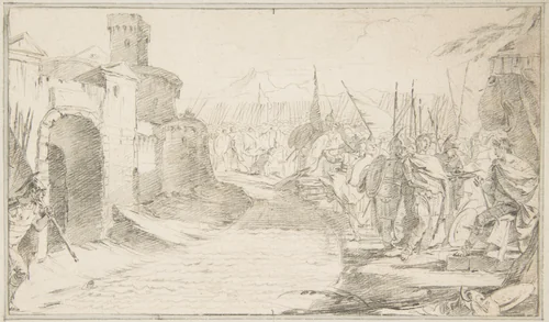 Illustration for a Book: Meeting Between Two Generals (?) before a Fortified Town by Giovanni Battista Tiepolo, drawing, 1696-1770