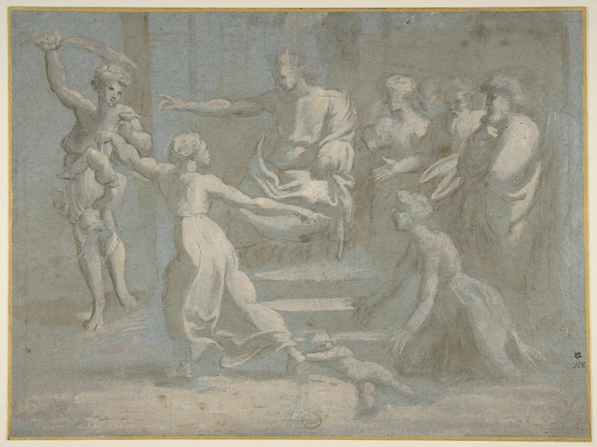 The Judgment of Solomon, after Raphael by Biagio Pupini, drawing, 1511-1551