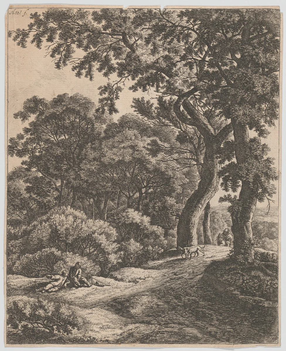 Two Travellers Resting in the Woods by Anthonie Waterloo, print, 1620-1690