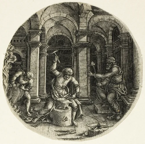 Saint Eligius and King Dagobert by Jean de Gourmont, print, 1520-1530