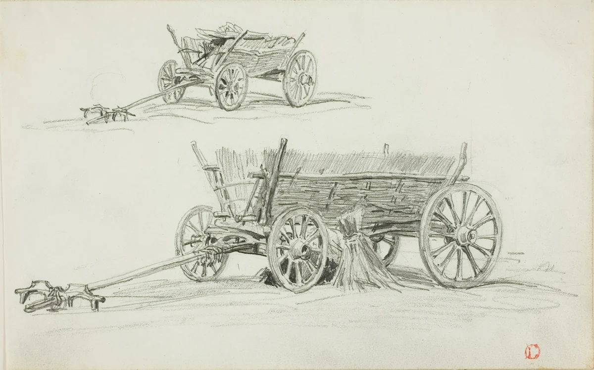 Two Sketches of an Ox Cart by Charles-François Daubigny, drawing, 1845-1855