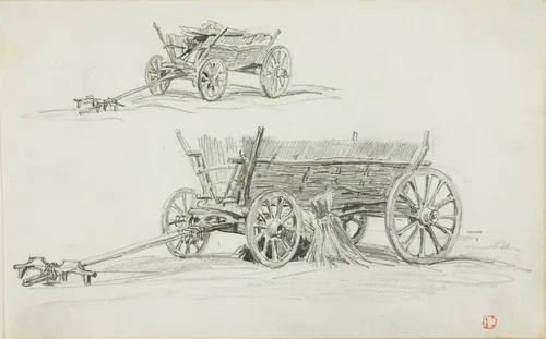 Two Sketches of an Ox Cart by Charles-François Daubigny, drawing, 1845-1855