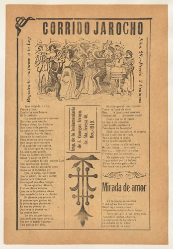 Broadsheet with two love ballads (corridos), many couples dancing by José Guadalupe Posada, print, 1919