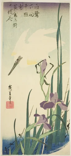 White heron and iris by Utagawa Hiroshige (歌川広重), print, 1827-1839