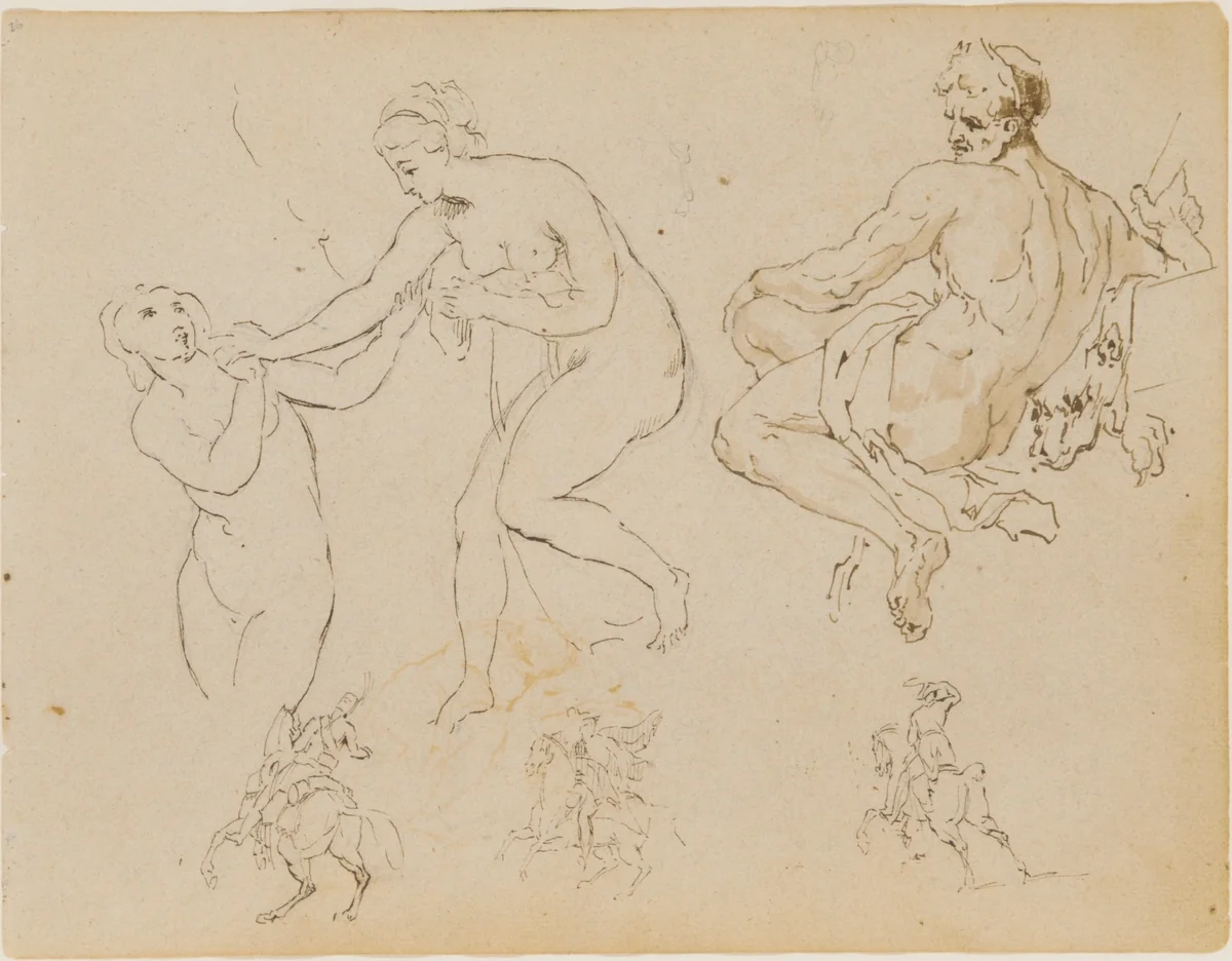 Two Female Nudes; Seated Male Nude (after Michelangelo?); Three Equestrian Figures (from Sketchbook) by Thomas Sully, artwork, 1810-1820