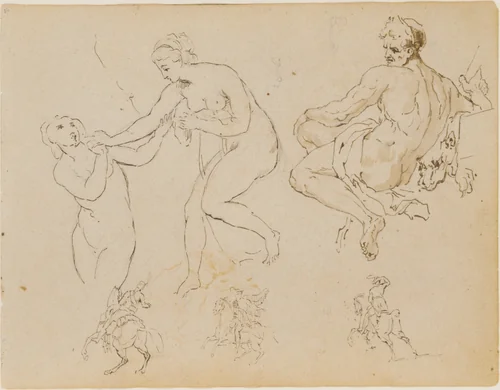 Two Female Nudes; Seated Male Nude (after Michelangelo?); Three Equestrian Figures (from Sketchbook) by Thomas Sully, artwork, 1810-1820