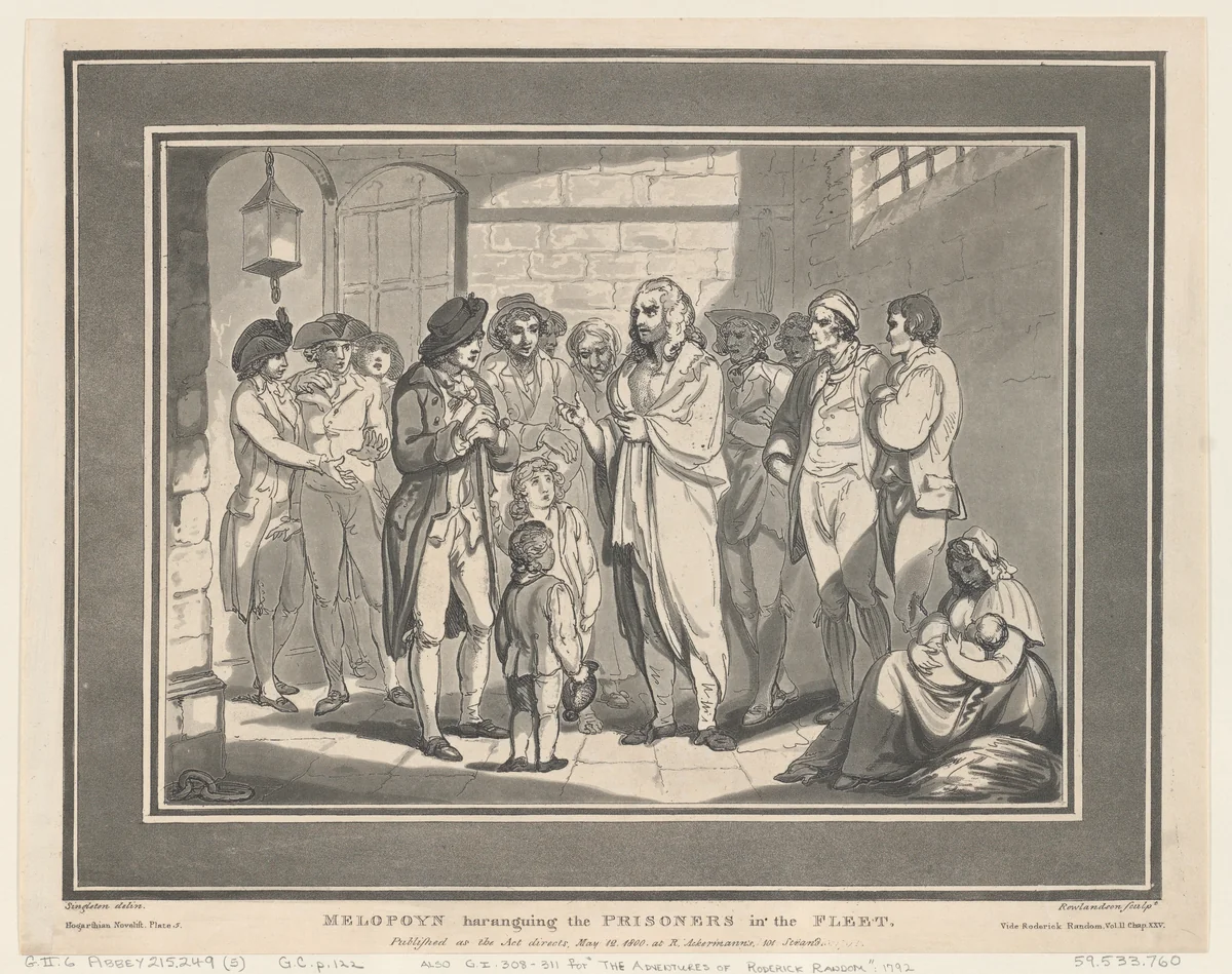 Melopoyn haranguing the Prisoners in the Fleet by Thomas Rowlandson, print, 1800