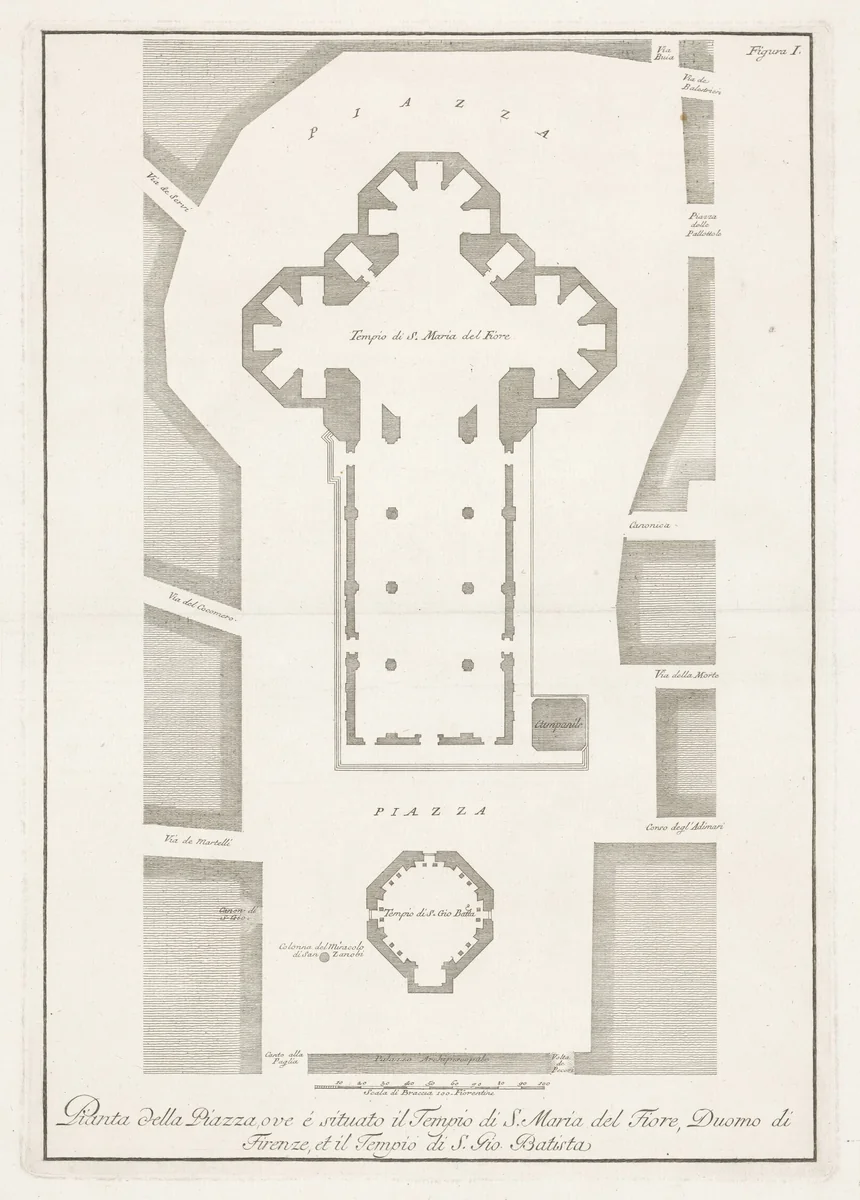 Plattegrond van het Piazza del Duomo te Florence by Bernardo Sansone Sgrilli, print, 1733-1755