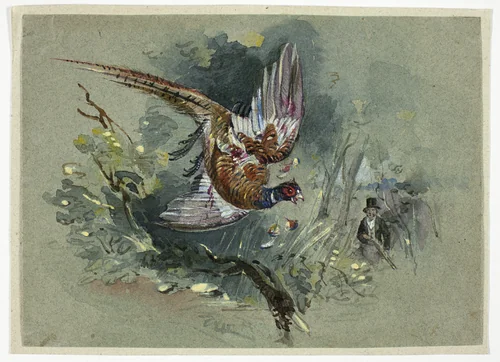 Pheasant and Hunter by Charles B. Newhouse, painting, 1825-1877
