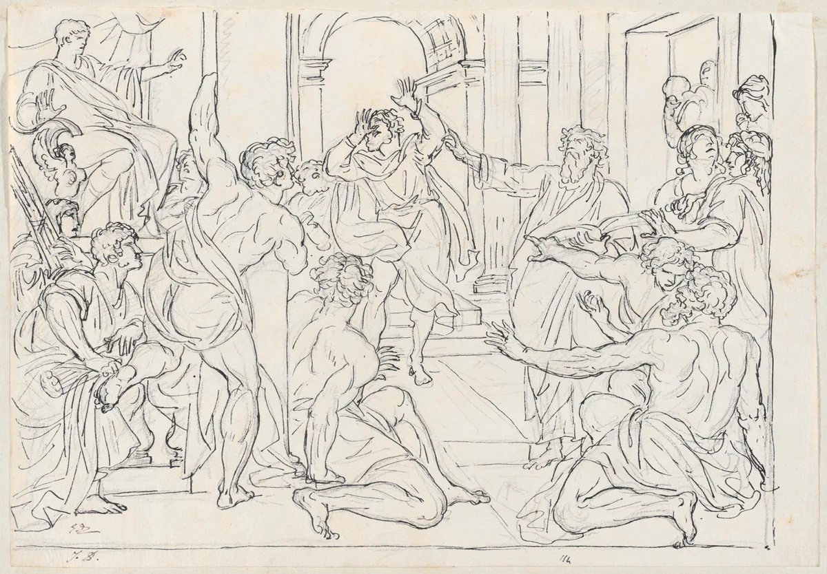 The Blinding of Elymas by Jacques-Louis David; Taddeo Zuccaro, drawing, 1775-1780