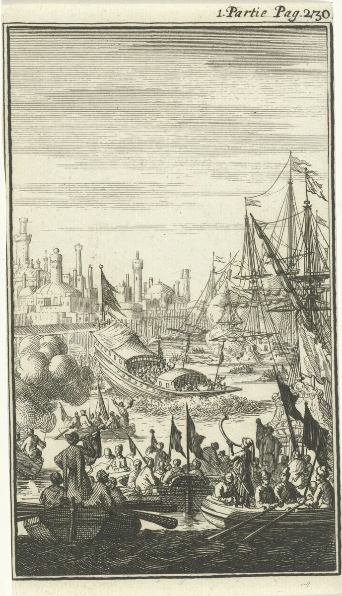 Turkse galei wordt te water gelaten by Jan Luyken, print, 1689
