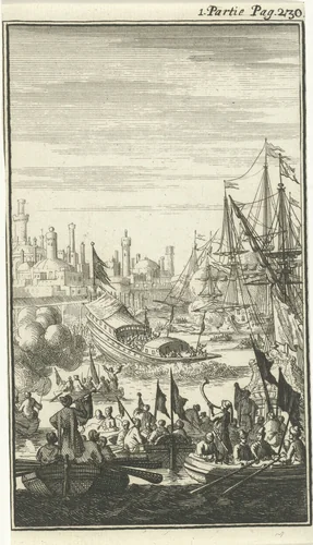 Turkse galei wordt te water gelaten by Jan Luyken, print, 1689