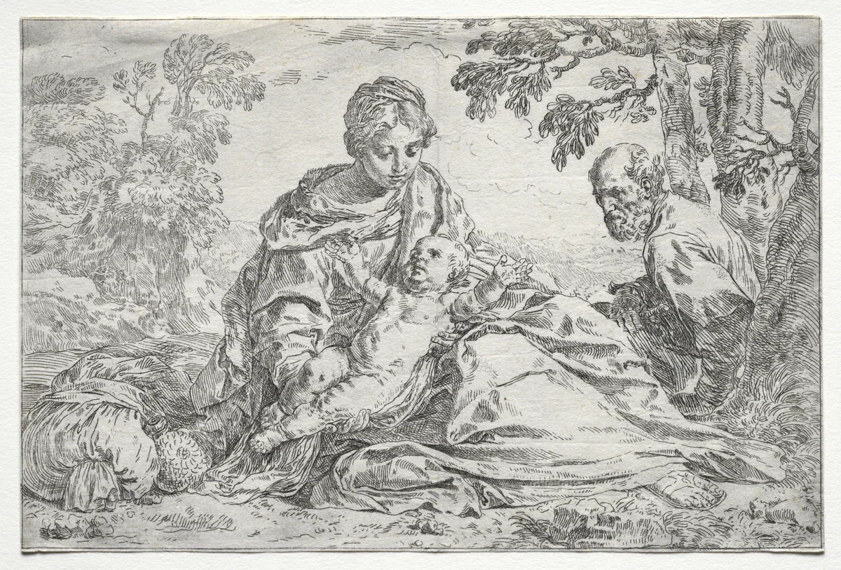 Rest on the Flight into Egypt by Simone Cantarini, print, 1632-1648